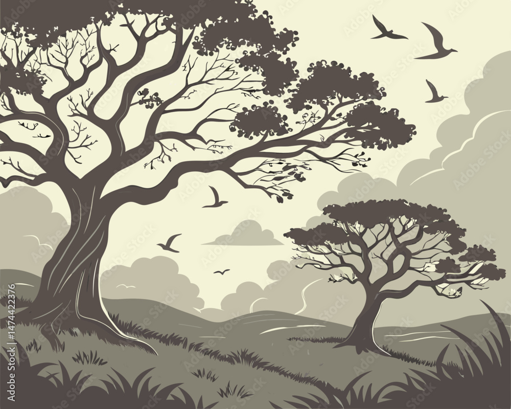 Fototapeta premium Serene Landscape Illustration Featuring Two Majestic Trees and Birds in Flight