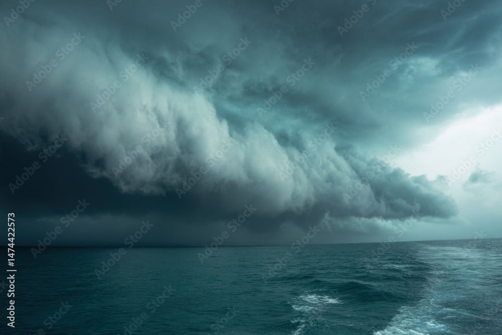 Fototapeta premium Dramatic seascape featuring a large storm cloud formation over the ocean from a low angle perspective