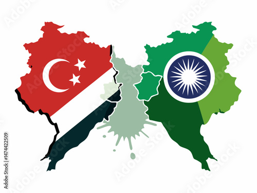 Abstract Illustration of Singapore and India Flags Merging with a Paint Splatter