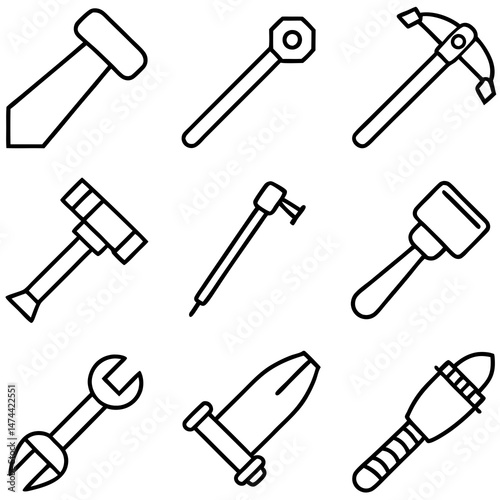 Outline icon set featuring various construction and repair tools
