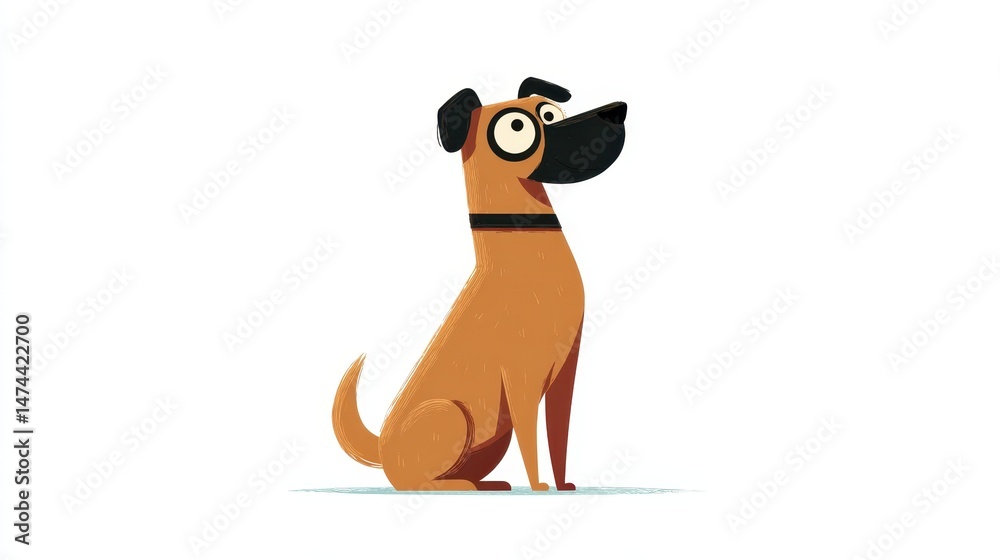 Obraz premium This charming cartoon dog has a flat design with a light brown body and distinctive black ears. It sits upright, radiating a joyful and playful vibe, perfect for children's illustrations