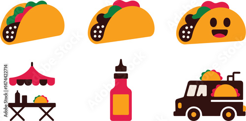 Colorful vector illustrations featuring tacos taco trucks and street food elements