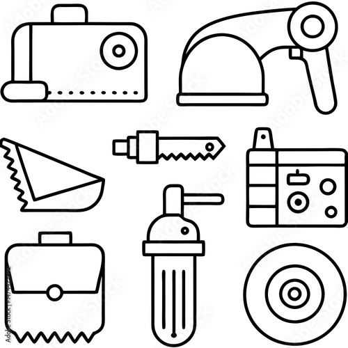 Black outline design of tools and assorted equipment