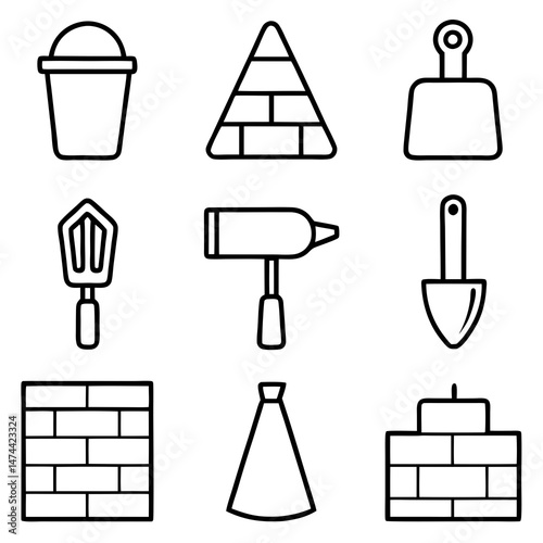 Construction tools and masonry elements black and white graphic