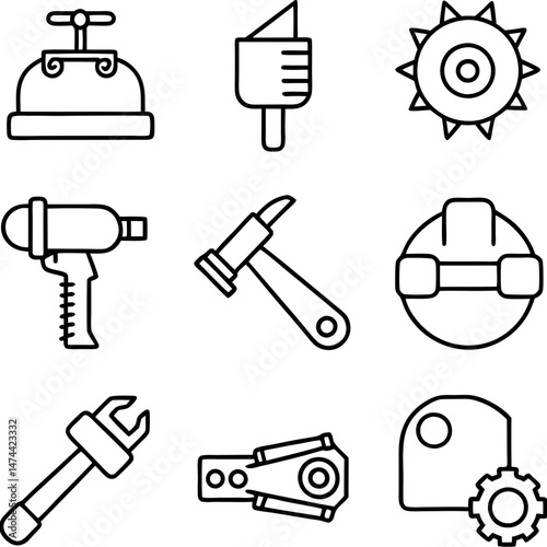 Outlined Icons Representing Tools and Safety Gear for Construction