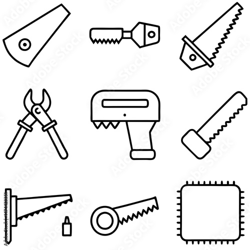 Outline style illustration of woodworking tools on white background