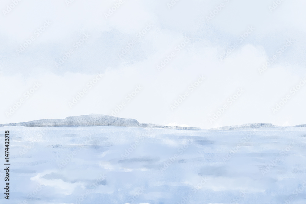 Obraz premium Seascape with blue sky and clouds. Watercolor illustration. Seamless pattern. The sea going over the horizon, waves and sea foam. Blue-gray silhouettes of mountains