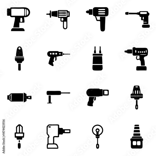 Silhouette icons array of power tools and construction equipment