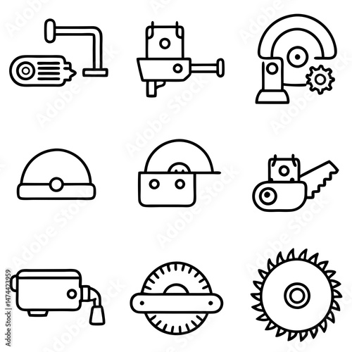 Collection of black outline saw and drill icon images