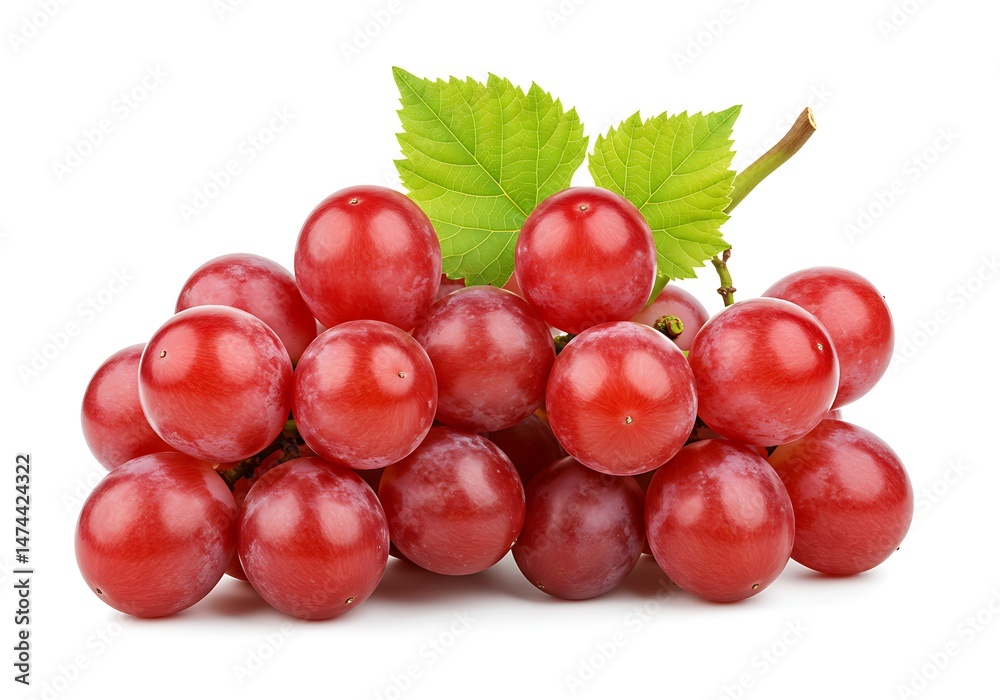Fototapeta premium Close up of a bunch of red grapes with green leaves