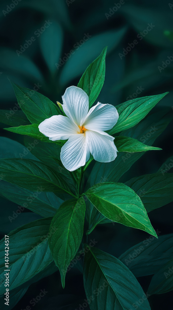 Fototapeta premium A single white flower with a yellow center blossoms amid lush green leaves in a garden creating a serene and peaceful close up nature scene viewed from above.