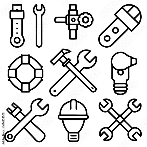 Outline engineering icon set depicting various tools and equipments