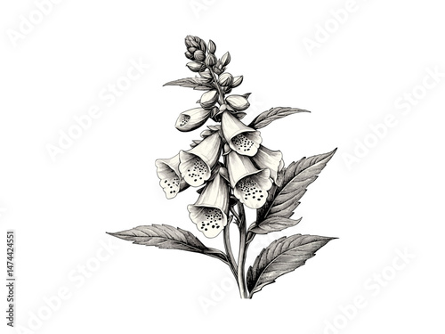 Foxglove flower engraving, vintage botanical artwork, black sketch in old engraving style, retro floral design, antique floral illustration, trendy nature art for home decor