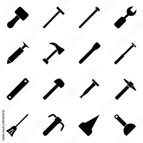 Grid of black tool silhouettes isolated on white background