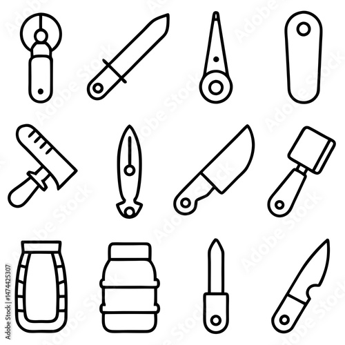 Assorted Line Art Utensils and Tools Collection on White