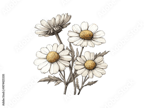 Hand-drawn engraving of golden chamomile, vintage sketch flower, antique bloom illustration, trendy decor, black flora art, spring print, summer nature, floral design