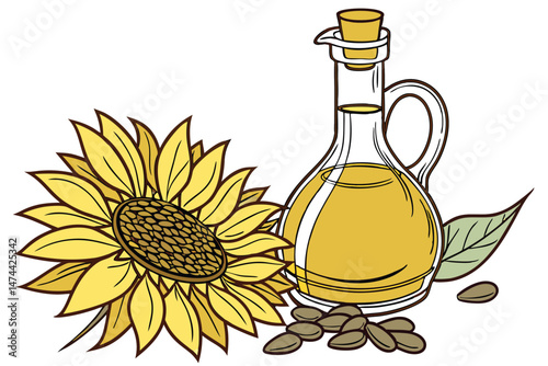 47 sunflower, sunflower oil, glass bottle, still life, photorealistic, 8k, high definition