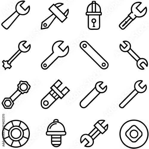 Assortment of outline style repair and construction tool icons