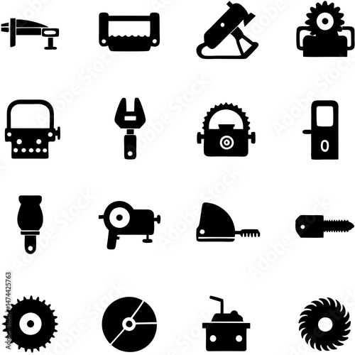Collection of black and white tools and hardware icons