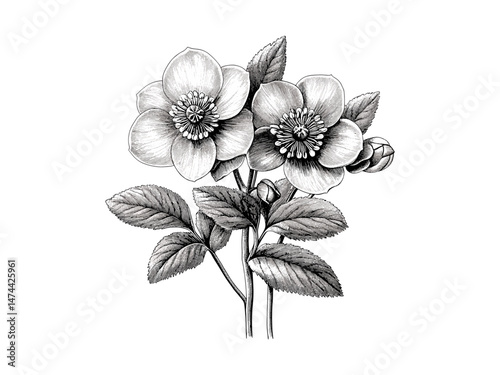 Vintage hellebore flower sketch, hand-drawn botanical print, antique floral art, spring bloom, flora illustration, summer decor, old engraving style, black ink, rustic wall art,