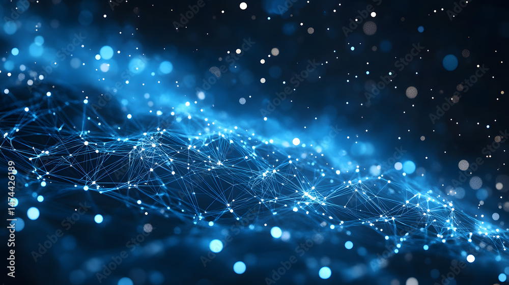 Obraz premium Futuristic network visualization featuring interconnected nodes and lines against a dark blue backdrop, enhanced by blurred circles creating depth and movement. Abstract wireframe in dark blue.