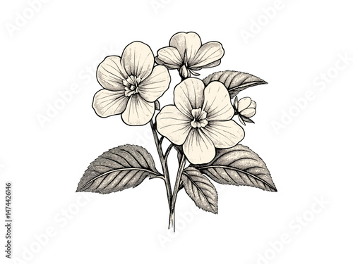 Hand-drawn Honesty plant sketch, antique floral art, vintage botanical illustration, retro flower print, black garden decor, engraved wildflower image, rustic flower wall print,