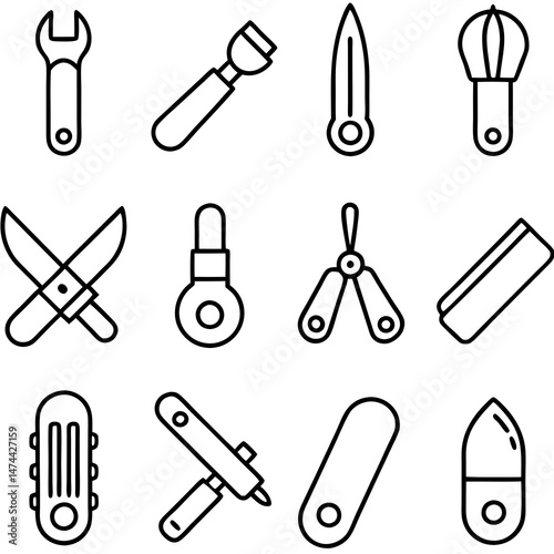 Various professional barber and beauty tools line art design
