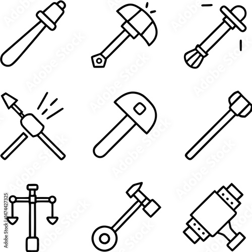 Outline illustrations of various tools on white background