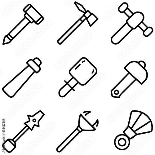 Line art tools arrayed on white background in grid
