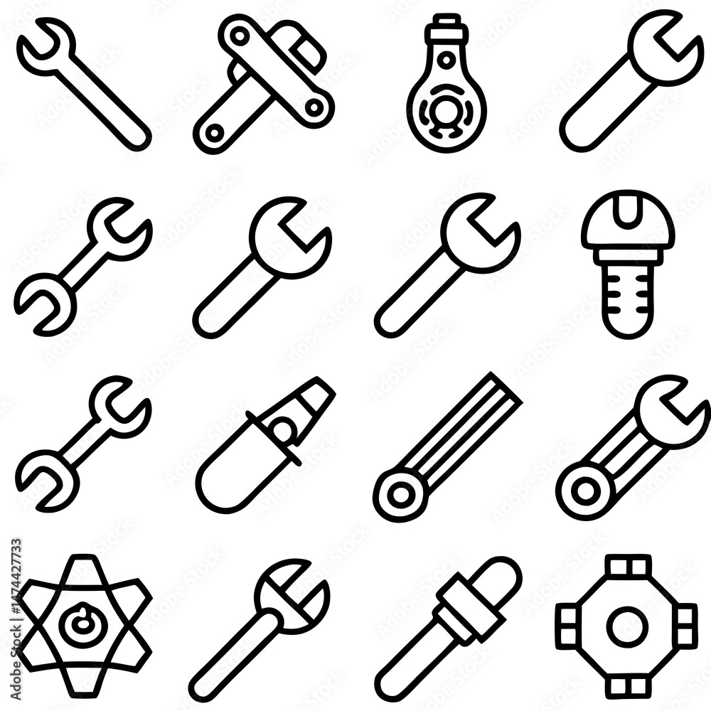 Minimalist black and white line art of various tools Minimalist black and white line art of various tools