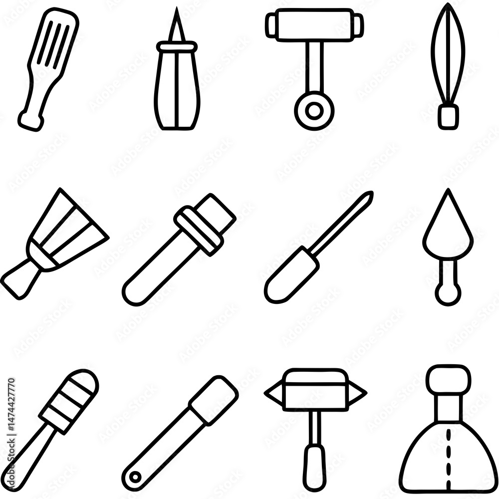 Collection of various outlined artisan tools on white background Collection of various outlined artisan tools on white background