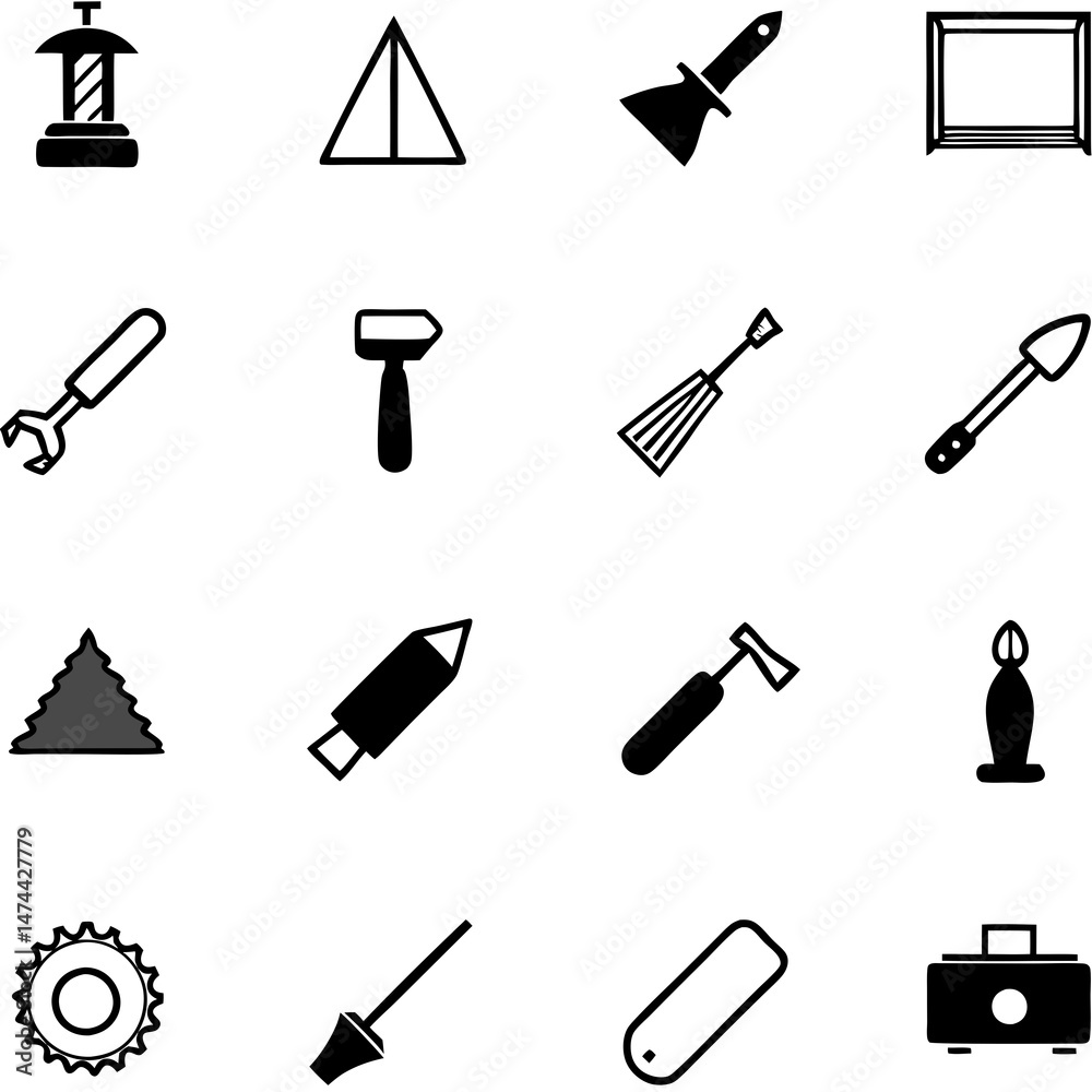 Black and white icon set of tools and equipment Black and white icon set of tools and equipment