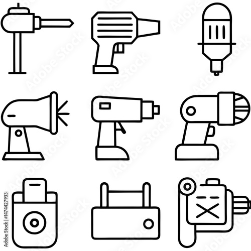 Outlined set of machinery and tooling equipment iconographs