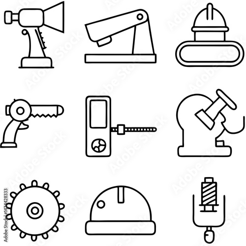 Set of nine different tools in black and white