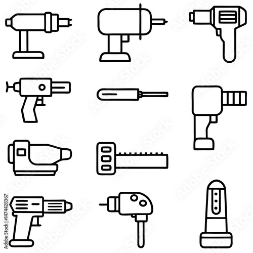 Various power tools in minimalist line art illustration