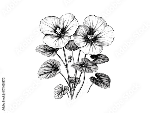 Vintage botanical art, hand-drawn engraving, nasturtium flower, nature flora print, antique decor, retro style, black sketch, old engraving style, trendy illustration, blooming nasturtium