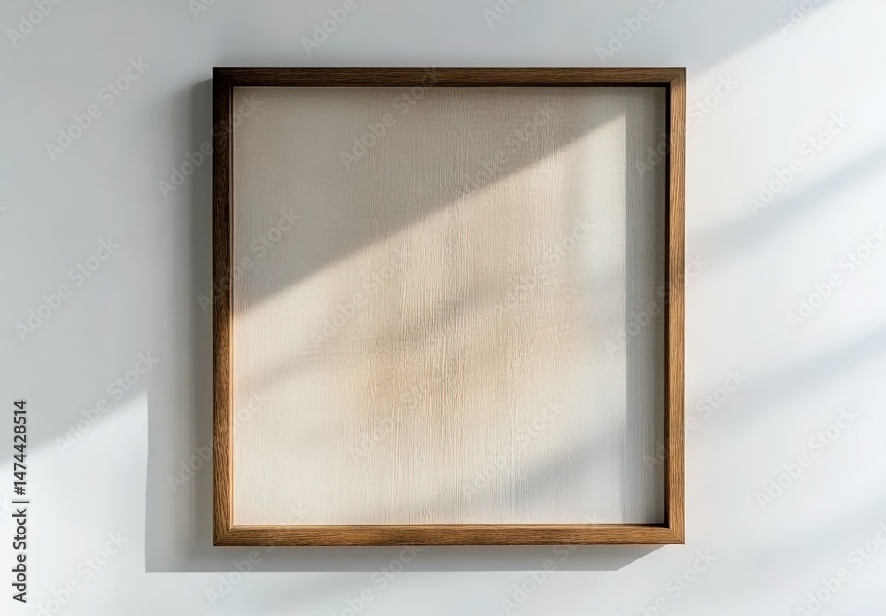 Fototapeta premium A square wooden picture frame hanging on a white wall with empty space.