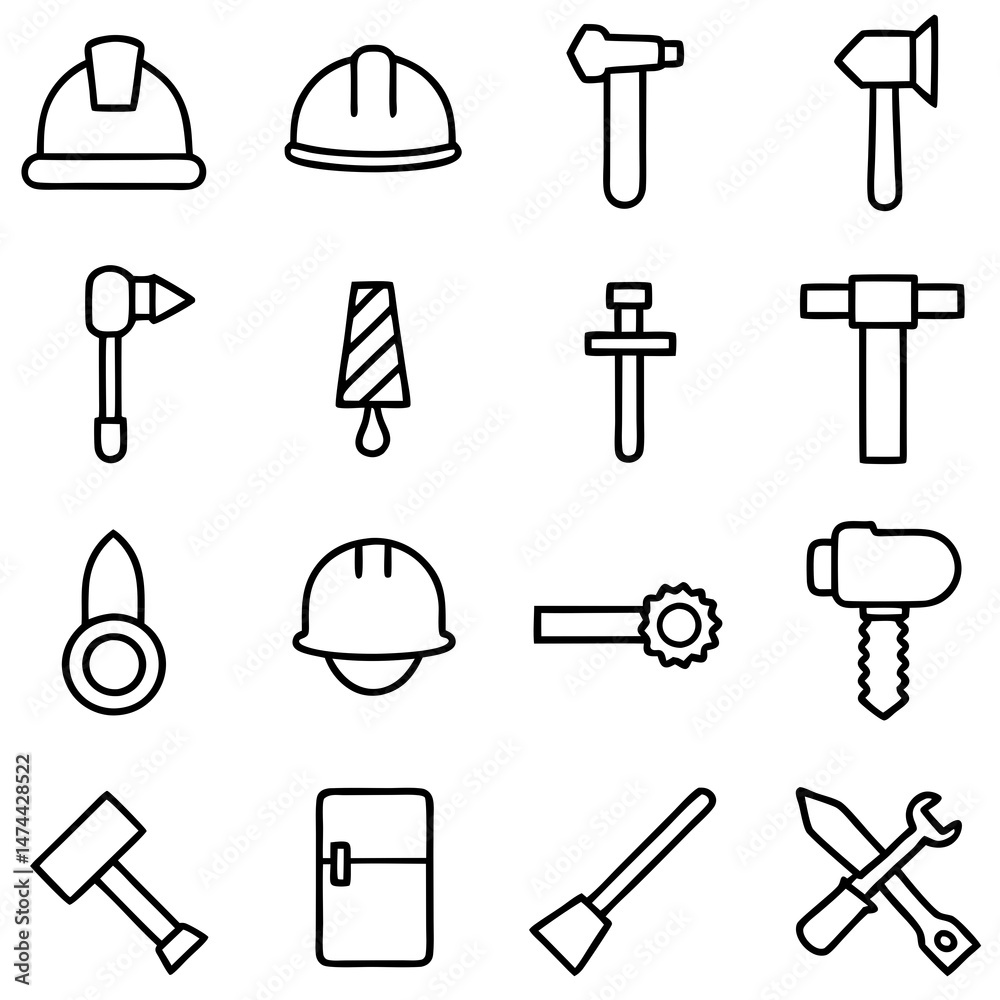 Fototapeta premium Construction tools and equipment line drawing minimalist style icon