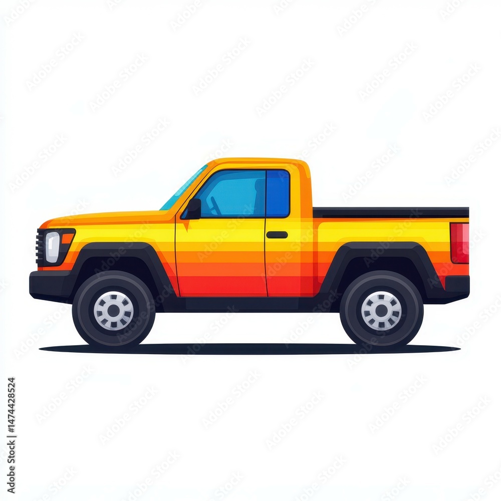 Colorful pick-up truck parked on a flat surface during daylight hours Colorful pick-up truck parked on a flat surface during daylight hours