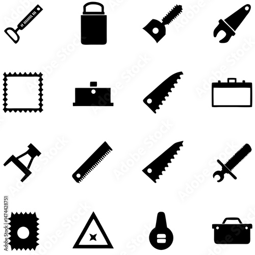 Black silhouettes of tools and various objects on white