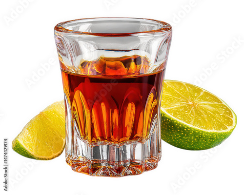 Glass of dark rum with twist of lime, beautifully presented transparency background, evokes sense of relaxation and enjoyment. vibrant lime slices complement rich color of rum, making it appealing
