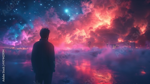 Retrowave. Sunset with palm trees. City in neon lights. Car. Car speed on the road in the night city. Retro wave neon lights noir tinting colors. Futuristic background	
