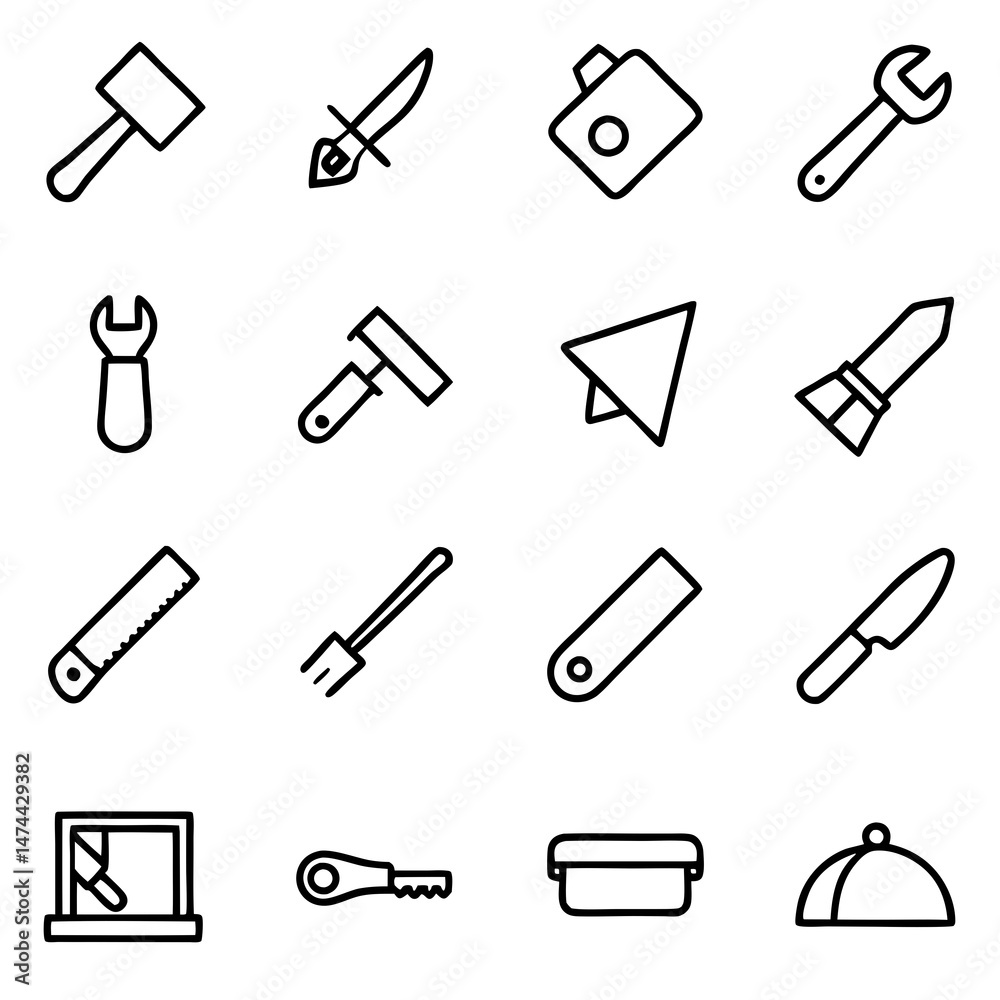 Outline icon set of tools and house accessories Outline icon set of tools and house accessories