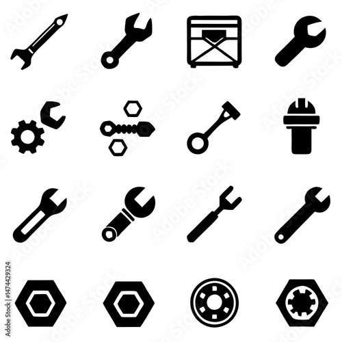 Assorted monochrome mechanical tools isolated on a white background