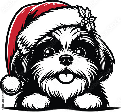  Cute Shih Tzu Wearing Santa Hat – Christmas Silhouette Vector Illustration