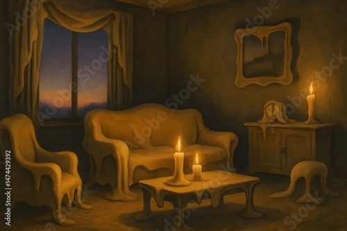 A surreal and dreamlike melted home interior scene showing dripping furniture and candles in a softly lit room representing home decor and imagination.
