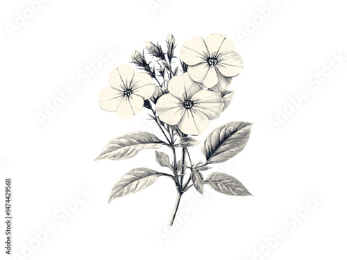 Hand-drawn phlox flower sketch, antique floral engraving, vintage botanical motif, retro garden art print, black line decor, trendy illustration style, wildflower wall print,