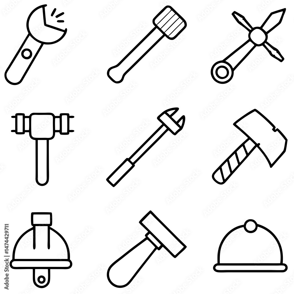 Black line art of various hand tools and hardhats Black line art of various hand tools and hardhats