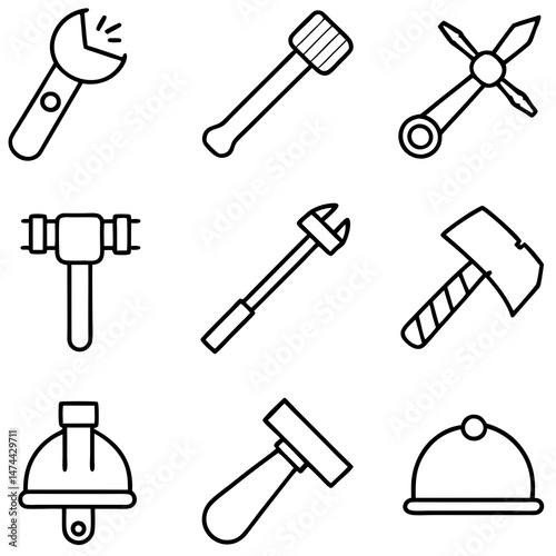 Black line art of various hand tools and hardhats