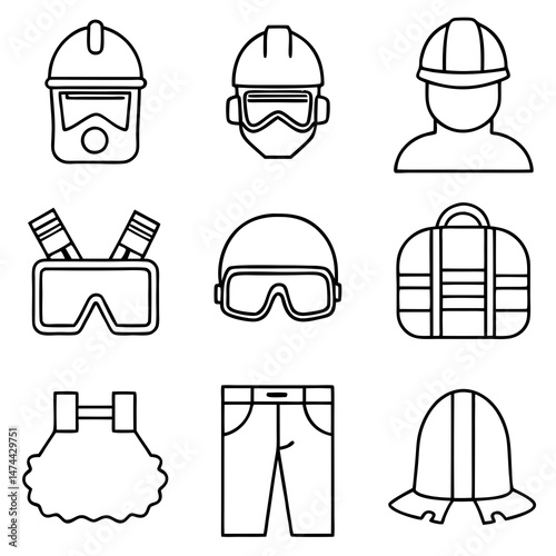 Construction and protective gear icons in black outline style